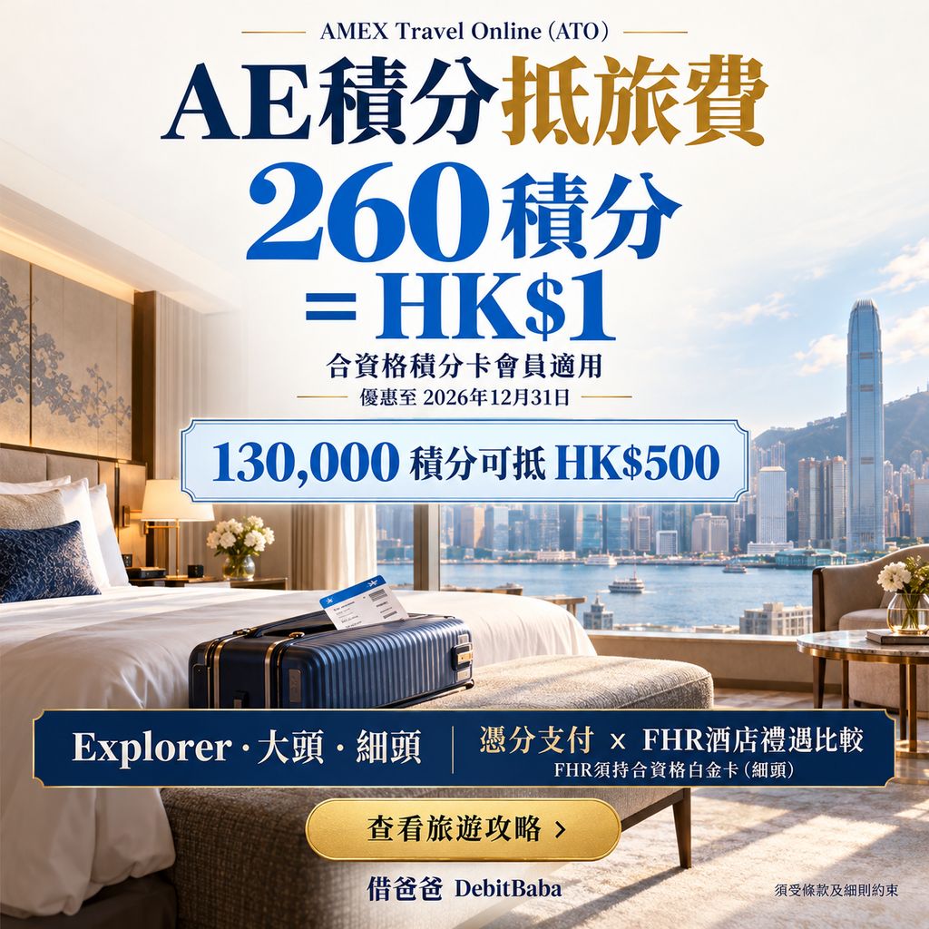 美國運通 AMEX Travel Online 積分抵旅費攻略封面，酒店房間背景