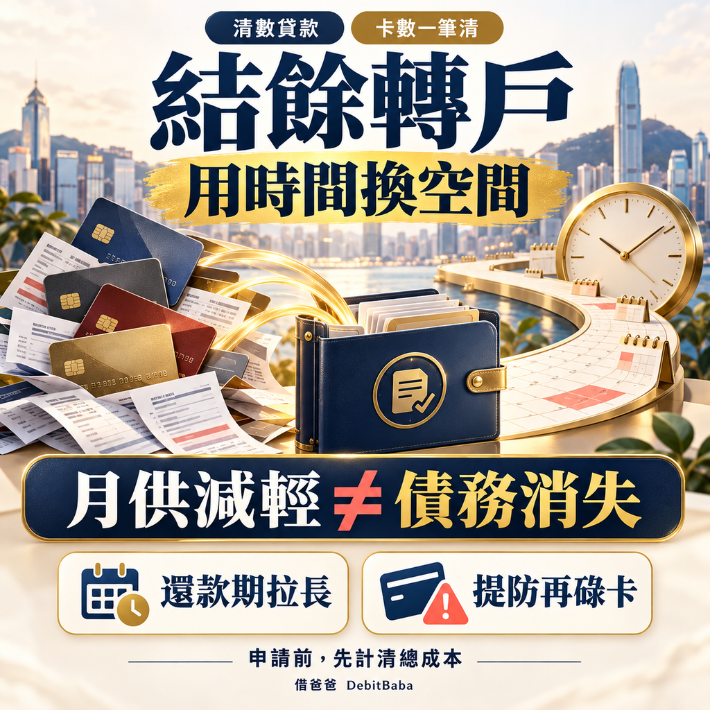 結餘轉戶攻略封面，時鐘同還款文件，講減輕債務月供