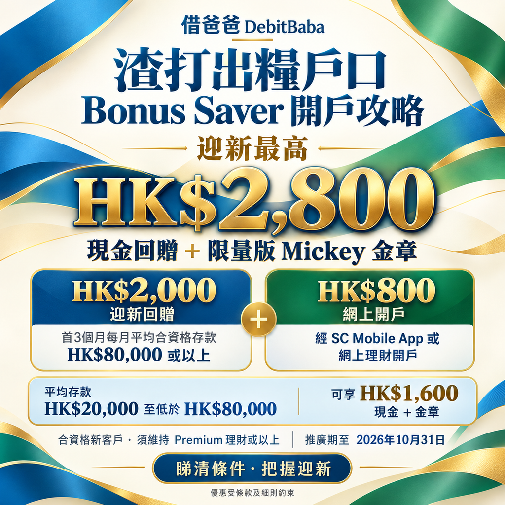 渣打出糧戶口 Bonus Saver 攻略封面，現金回贈同限量 Mickey 金幣