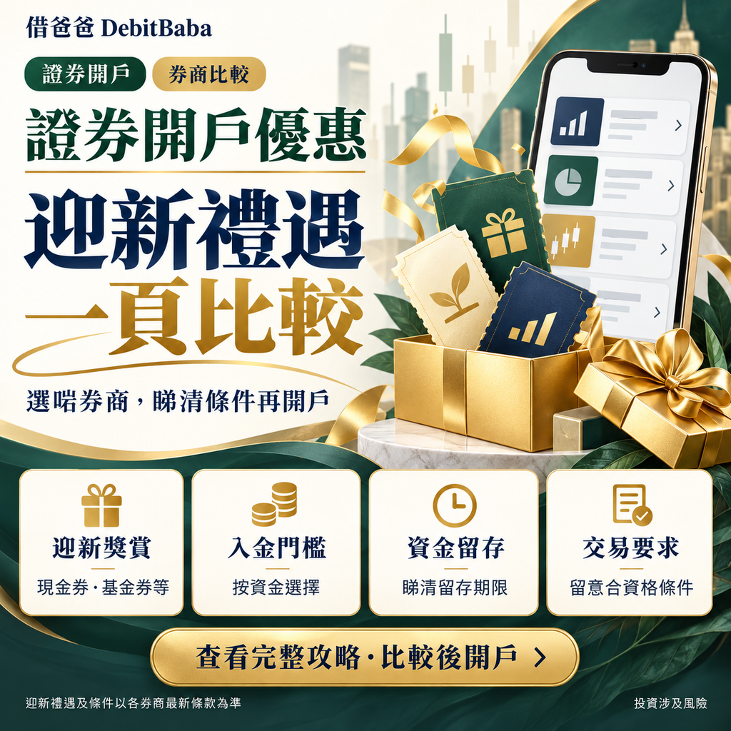 證券開戶優惠比較封面，多間券商迎新禮遇一覽