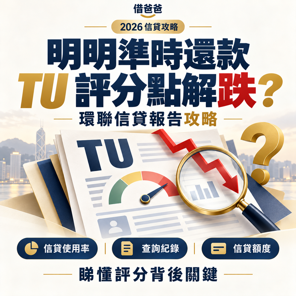 TU 評分下跌原因封面，信貸報告同問號，環聯評分解讀