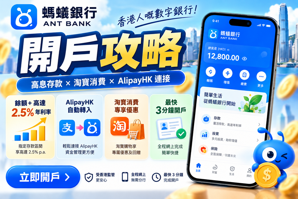 螞蟻銀行 Ant Bank 開戶攻略封面，手機 App 同 AlipayHK 連接
