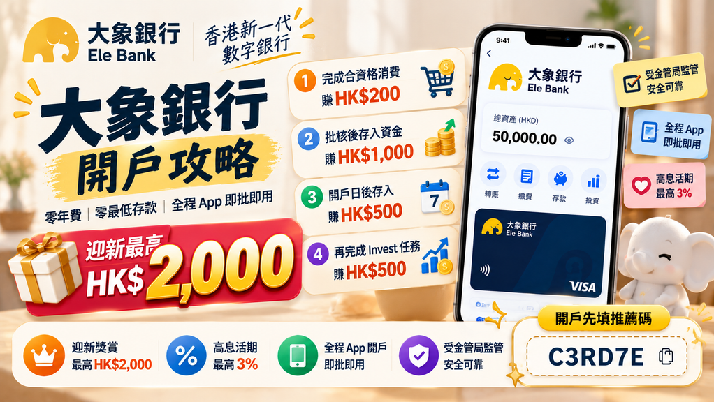 大象銀行 Ele Bank 開戶攻略封面，手機 App 介面同迎新獎賞重點
