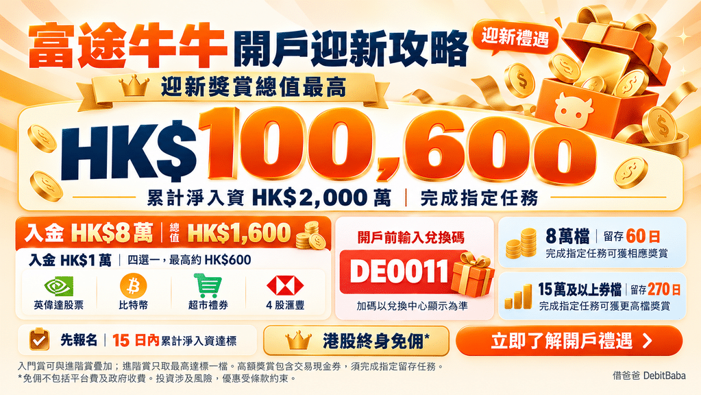 富途牛牛開戶攻略封面，牛牛圖案配入金迎新獎賞