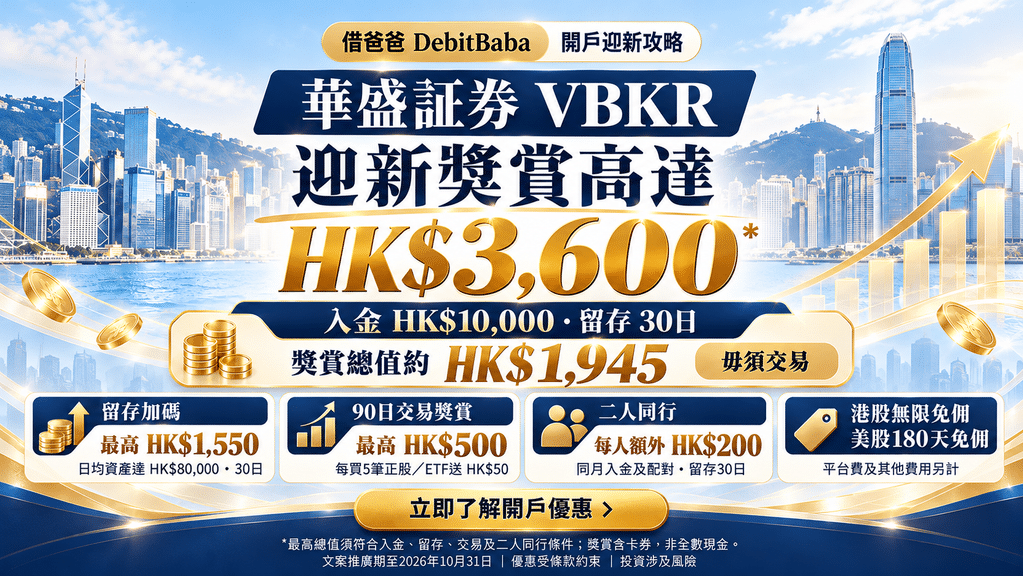 華盛證券 VBKR 開戶攻略封面，維港背景配迎新獎賞