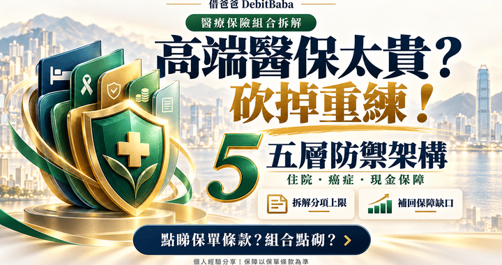醫療保險五層防禦組合封面，盾牌圖示講分散投保