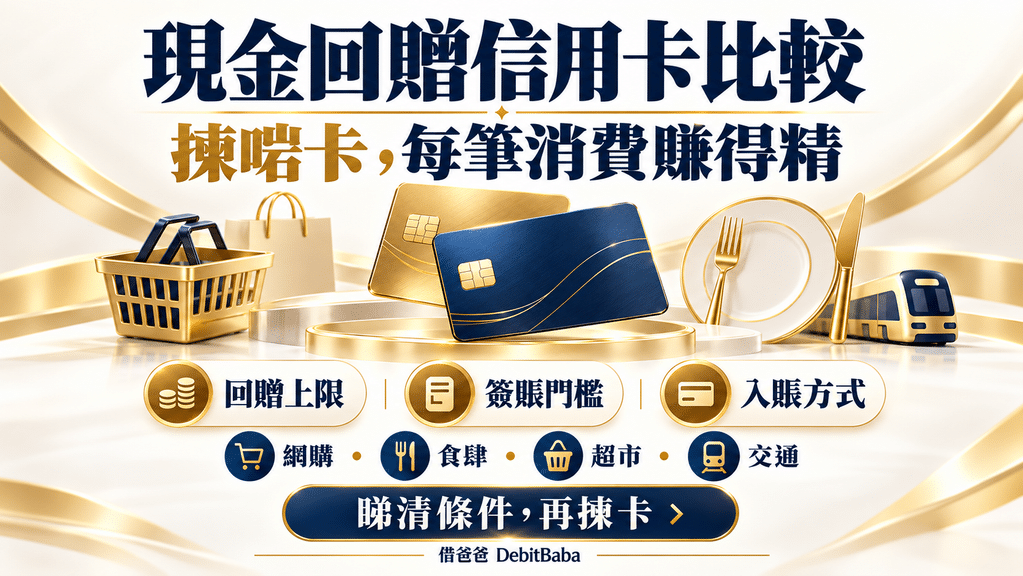 現金回贈信用卡比較封面，金色信用卡同回贈類別圖示
