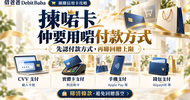 網購信用卡回贈比較封面，CVV、實體卡、手機支付及電子錢包付款方式