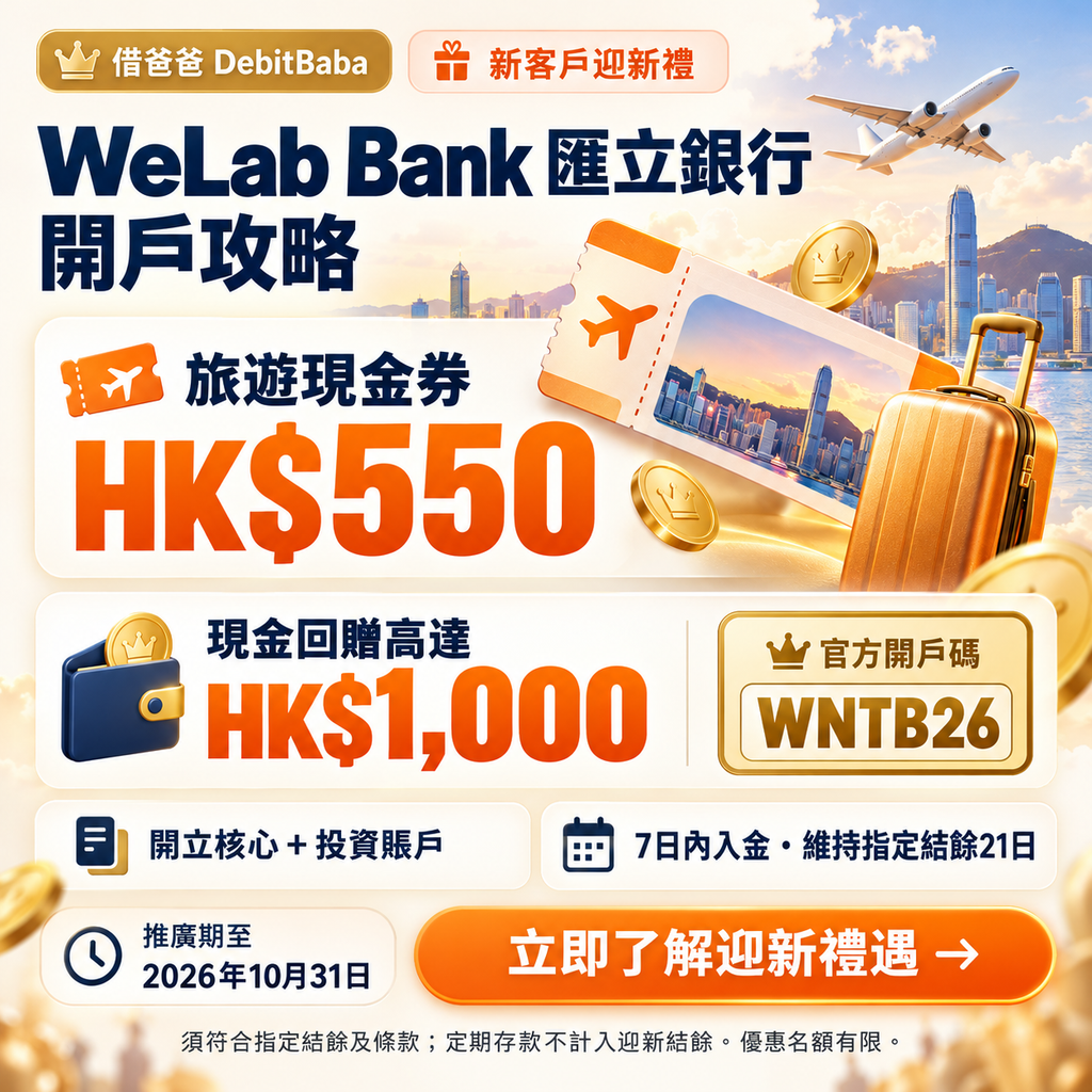 WeLab Bank 開戶攻略封面，旅遊現金券同行李箱